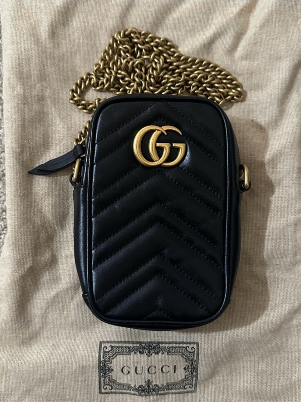 Gucci Black Quilted Matelassé Crossbody with Gold GG Chain